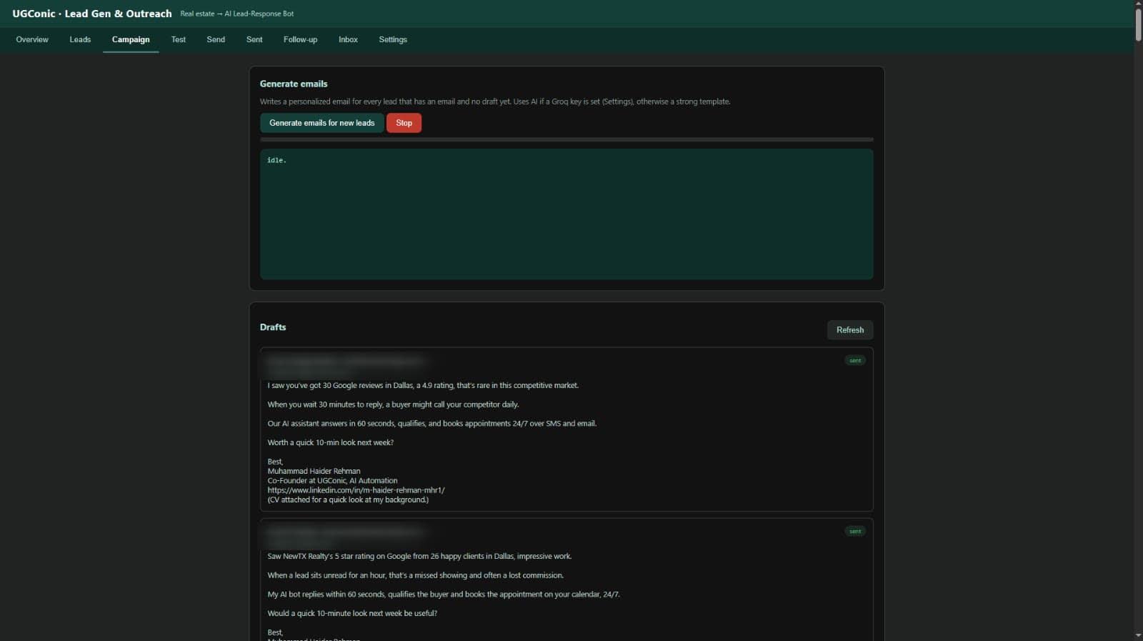 Personalized email drafts generated for leads