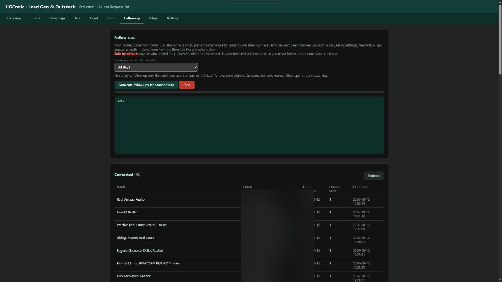 Follow-up module listing contacted leads