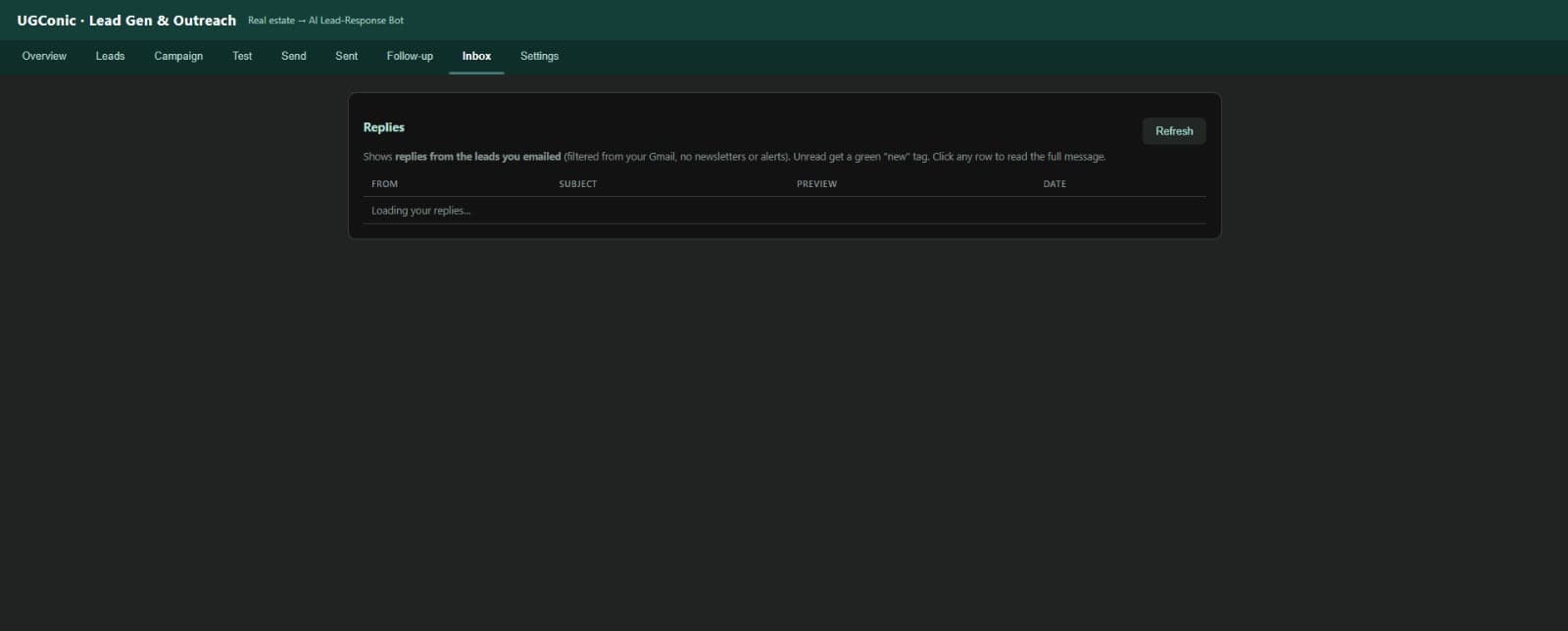 Replies view that surfaces responses from emailed leads