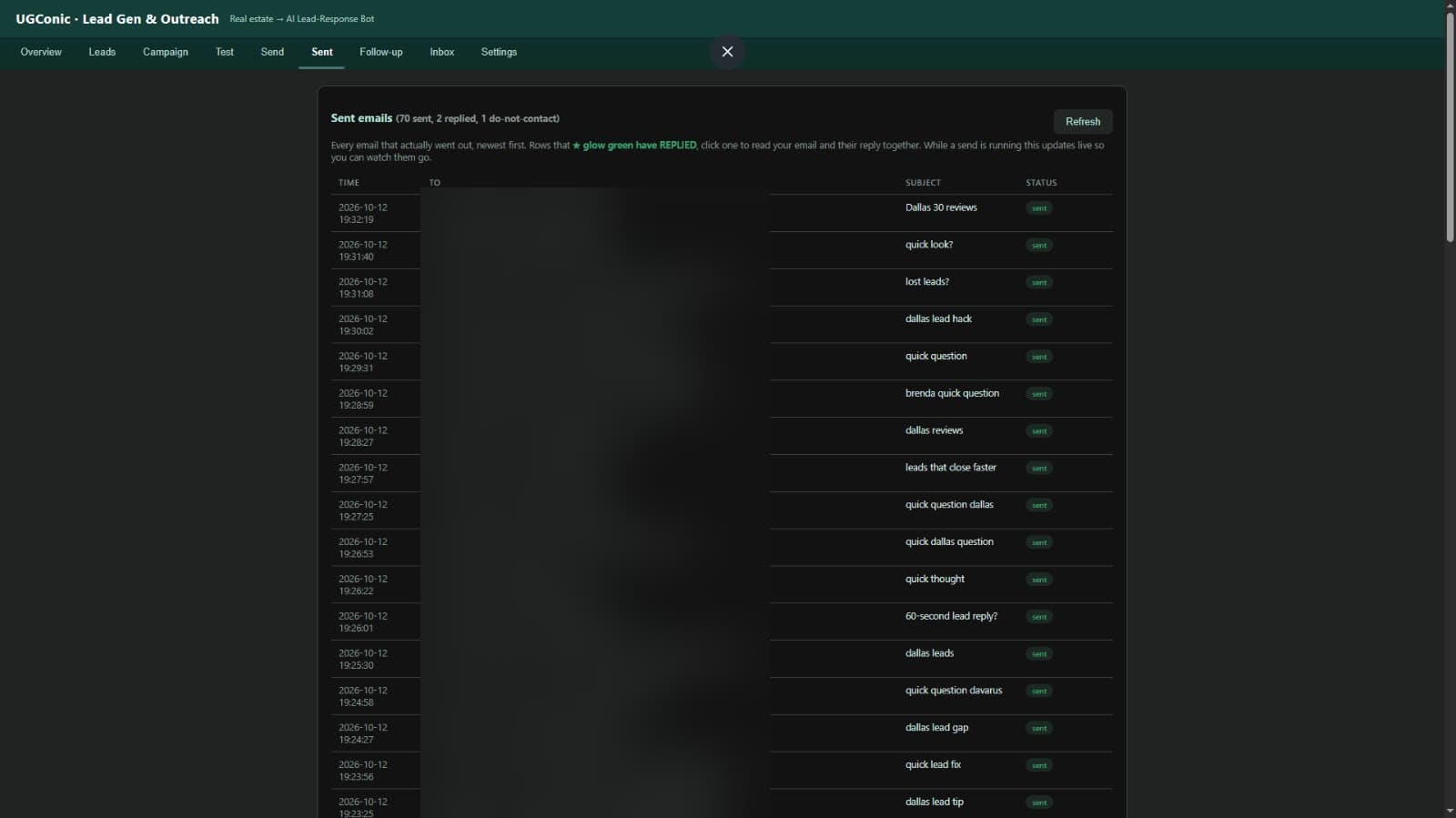 Log of emails that were sent, newest first
