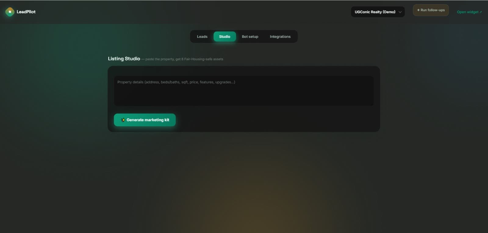 LeadPilot Listing Studio that generates marketing assets from property details