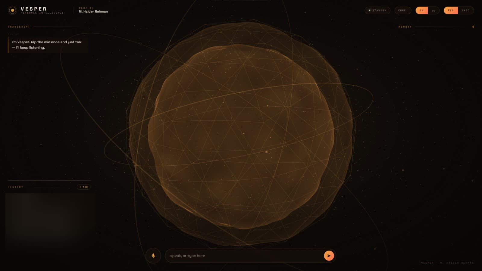Vesper standby view showing the animated core orb